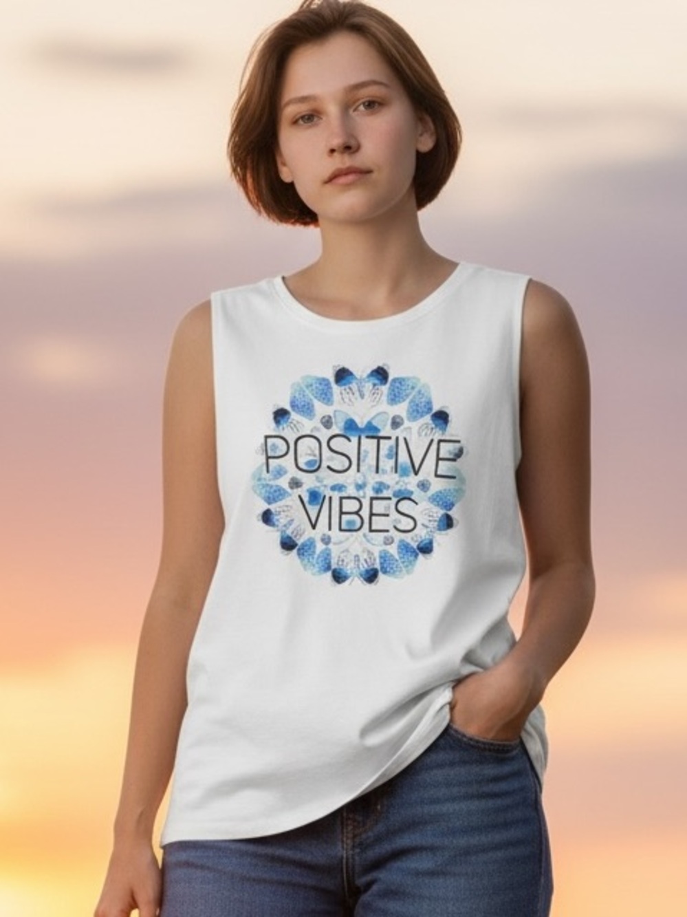 ZELOS White Tank with Blue Floral Mandala and 'Positive Vibes'